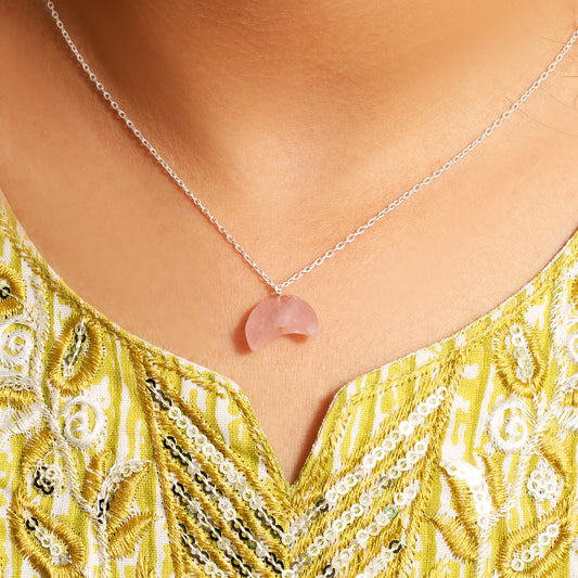 Elegant Rose Quartz Crescent Moon Pendant Necklace – 925 Sterling Silver Chain for Love & Emotional Healing