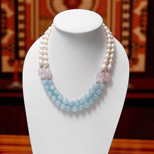 Natural Pearl, Rose Quartz & Aquamarine 2-Layered Sarafa Necklace – Graceful Gemstone Elegance