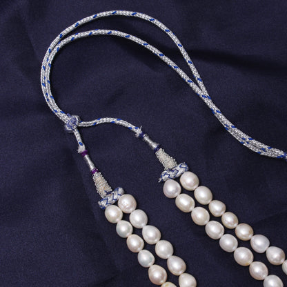 Natural Pearl, Rose Quartz & Aquamarine 2-Layered Sarafa Necklace – Graceful Gemstone Elegance