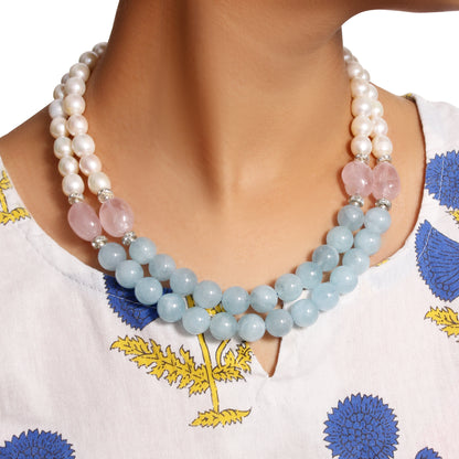 Natural Pearl, Rose Quartz & Aquamarine 2-Layered Sarafa Necklace – Graceful Gemstone Elegance