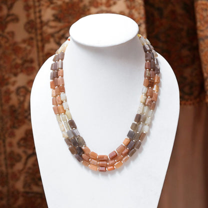 Natural Multi Moonstone & Pearl 3-Layered Sarafa Necklace – Ethereal Glow & Classic Style