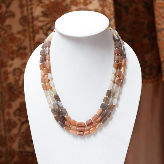 Natural Multi Moonstone & Pearl 3-Layered Sarafa Necklace – Ethereal Glow & Classic Style