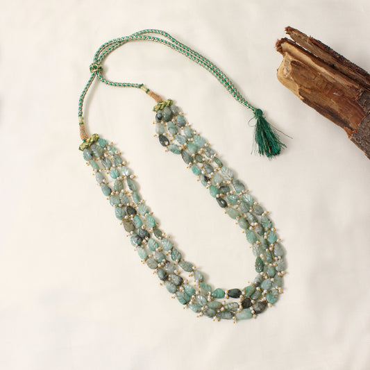 Handcrafted Natural Emerald & Pearl Leaf-Shape 6 Layer Sarafa Necklace – Elegant Green Gemstone Jewelry
