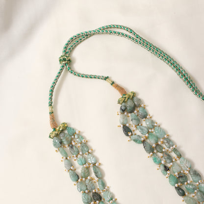 Handcrafted Natural Emerald & Pearl Leaf-Shape 6 Layer Sarafa Necklace – Elegant Green Gemstone Jewelry