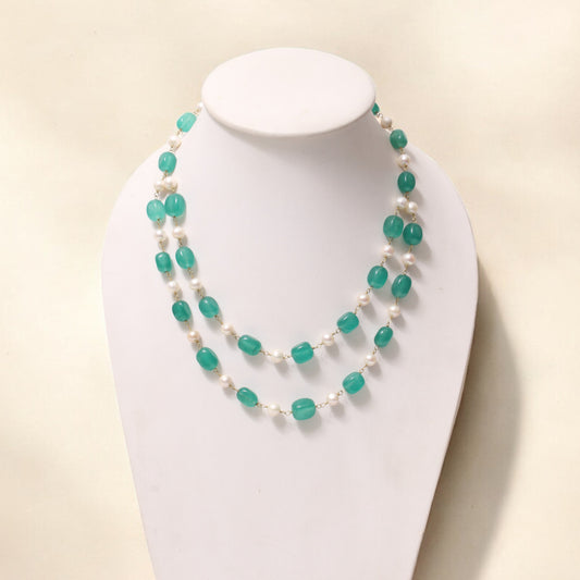 Natural Green Quartz & Freshwater Pearl Beaded Necklace – Elegant Double-Layer Jewelry