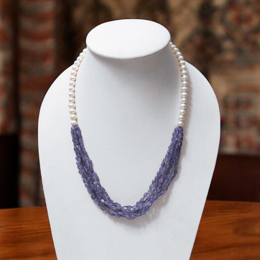 Elegant High-Quality Natural Tanzanite & Pearl Layered Sarafa Necklace – Timeless Luxury & Vibrant Shine