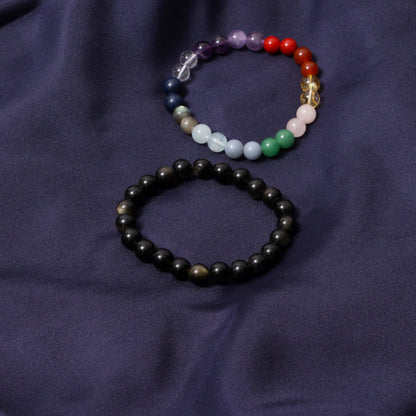 7 Chakras + Gold Sheen Obsidian Healing Stretchable Gemstone Bracelet – Protection, Clarity & Balance