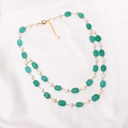 Natural Green Quartz & Freshwater Pearl Beaded Necklace – Elegant Double-Layer Jewelry