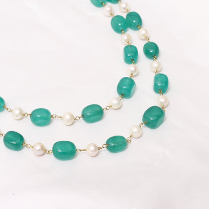 Natural Green Quartz & Freshwater Pearl Beaded Necklace – Elegant Double-Layer Jewelry