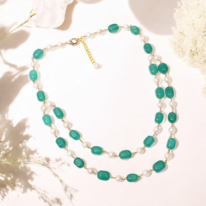 Natural Green Quartz & Freshwater Pearl Beaded Necklace – Elegant Double-Layer Jewelry