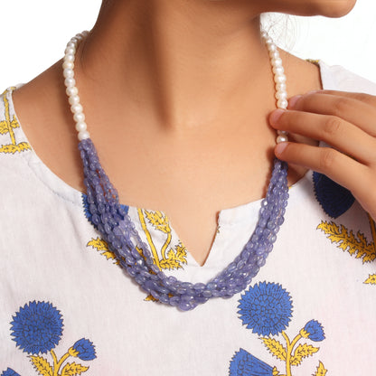 Elegant High-Quality Natural Tanzanite & Pearl Layered Sarafa Necklace – Timeless Luxury & Vibrant Shine