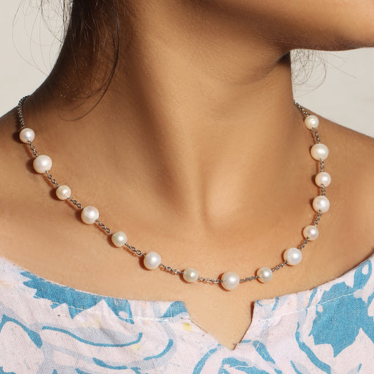 Elegant Natural Pearl Rosary Chain Necklace – 925 Sterling Silver Freshwater Pearl Jewelry