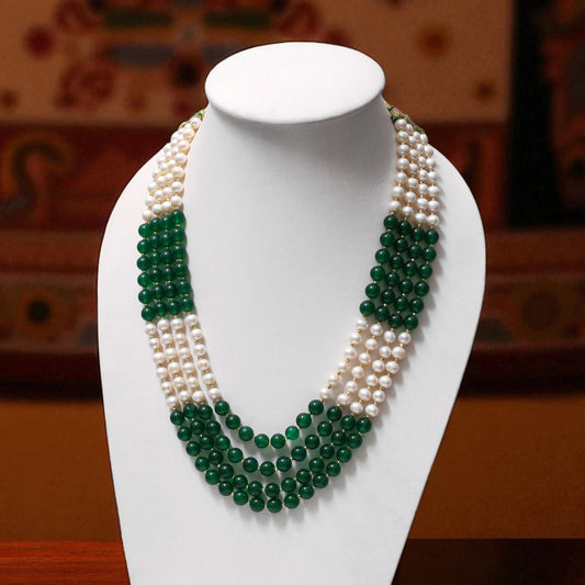 Elegant 4-Layer Green Jade, Pearl & Pyrite Sarafa Necklace – Timeless Ethnic Luxury