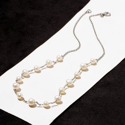 Elegant Natural Pearl Rosary Chain Necklace – 925 Sterling Silver Freshwater Pearl Jewelry