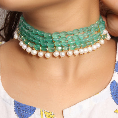 Natural Green Quartz & Pearl Choker Necklace – Elegant Fusion Jewelry for Modern Ethnic Looks