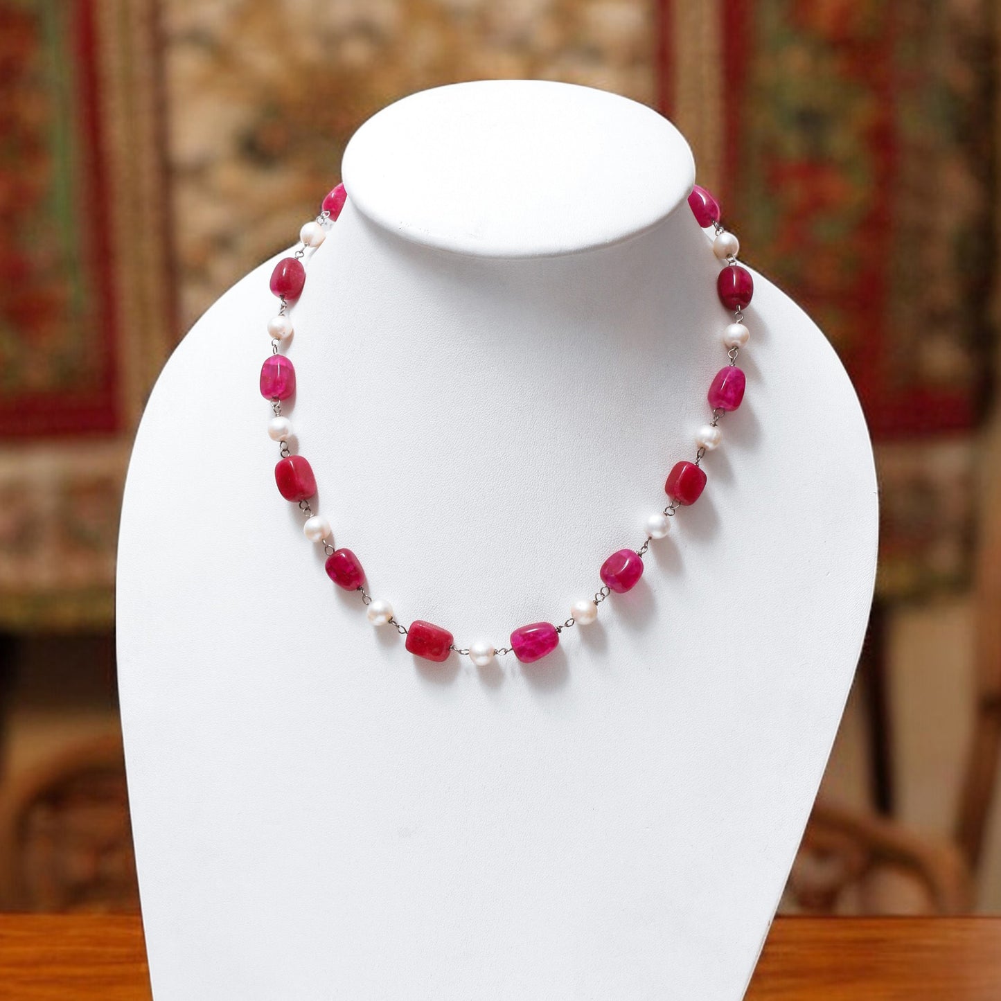 Ruby Quartz & Pearl Rosary Chain Necklace – Gemstone Jewelry for Love, Grace & Positive Energy