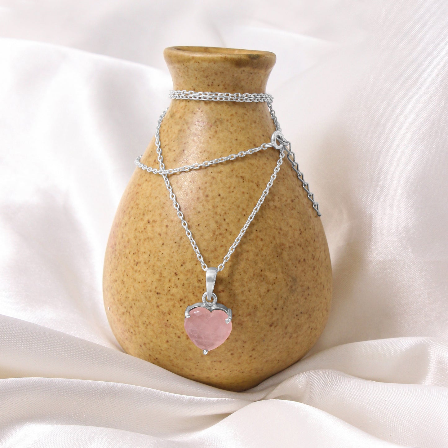 Heart-Shaped Rose Quartz Pendant Necklace – 925 Sterling Silver Chain | Crystal of Love & Emotional Healing