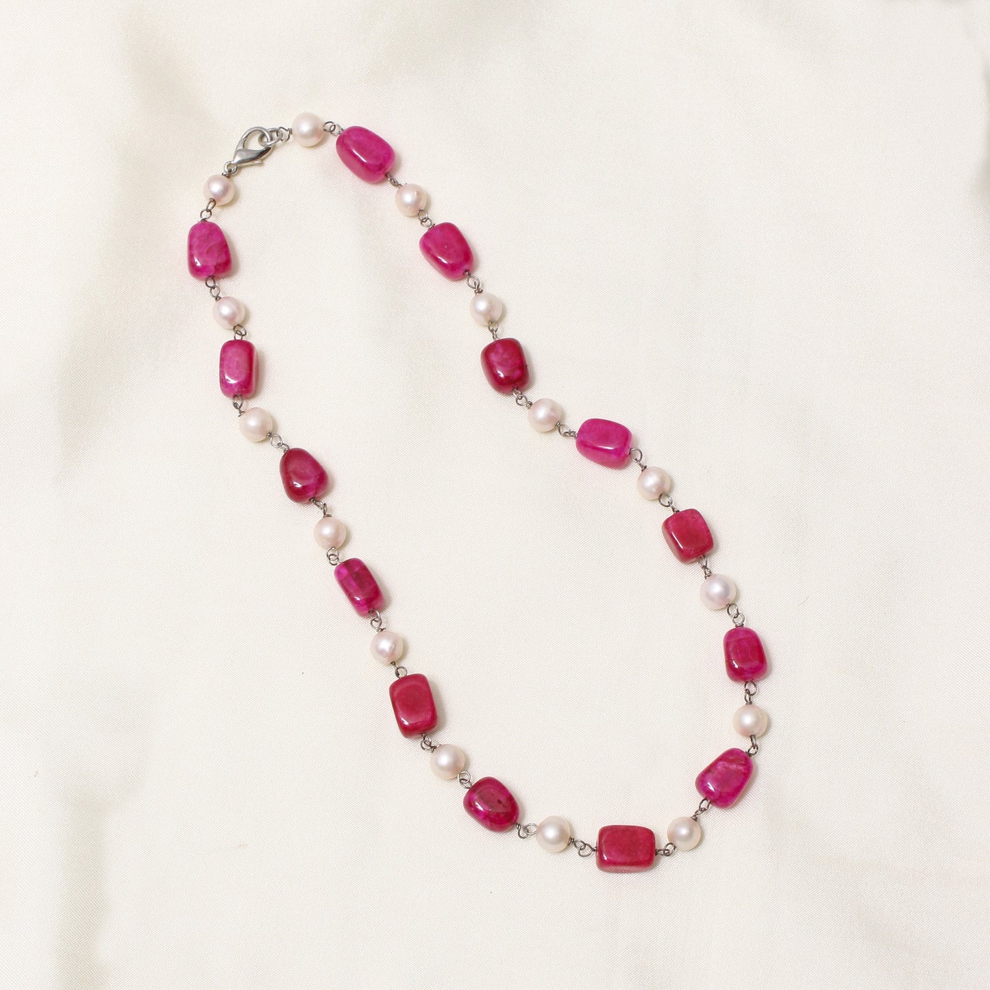 Ruby Quartz & Pearl Rosary Chain Necklace – Gemstone Jewelry for Love, Grace & Positive Energy