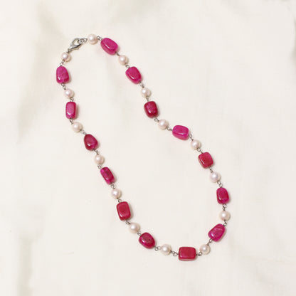 Ruby Quartz & Pearl Rosary Chain Necklace – Gemstone Jewelry for Love, Grace & Positive Energy