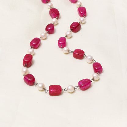 Ruby Quartz & Pearl Rosary Chain Necklace – Gemstone Jewelry for Love, Grace & Positive Energy