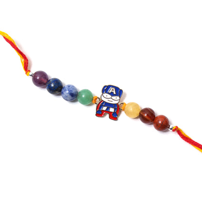 Gemstone Rakhi with Captain-Themed Superhero Charm – Fun & Protective Raksha Bandhan Bracelet for Kids