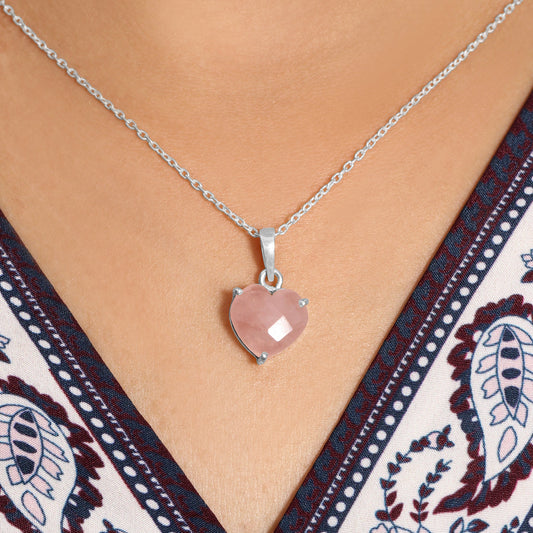 Heart-Shaped Rose Quartz Pendant Necklace – 925 Sterling Silver Chain | Crystal of Love & Emotional Healing