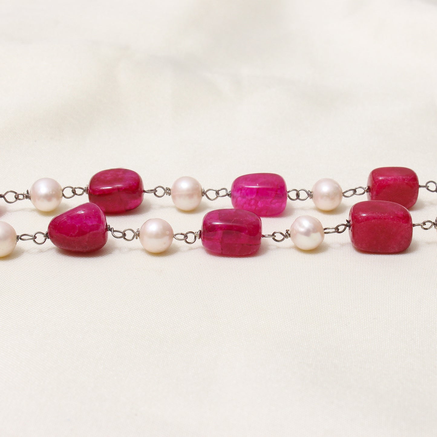 Ruby Quartz & Pearl Rosary Chain Necklace – Gemstone Jewelry for Love, Grace & Positive Energy