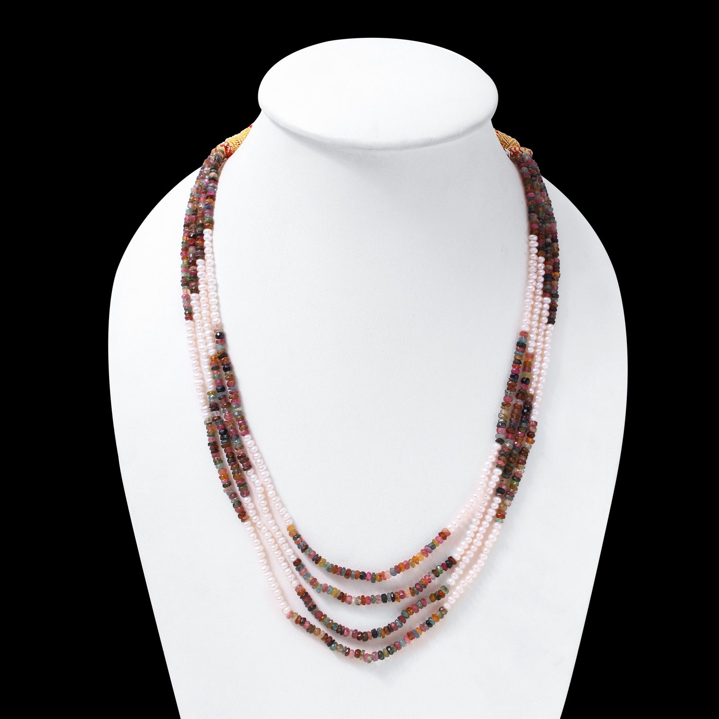 Natural Multi Tourmaline & Freshwater Pearl 4-Layer Beaded Sarafa Necklace | Luxury Handmade Healing Jewelry