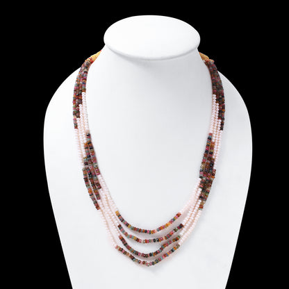 Natural Multi Tourmaline & Freshwater Pearl 4-Layer Beaded Sarafa Necklace | Luxury Handmade Healing Jewelry