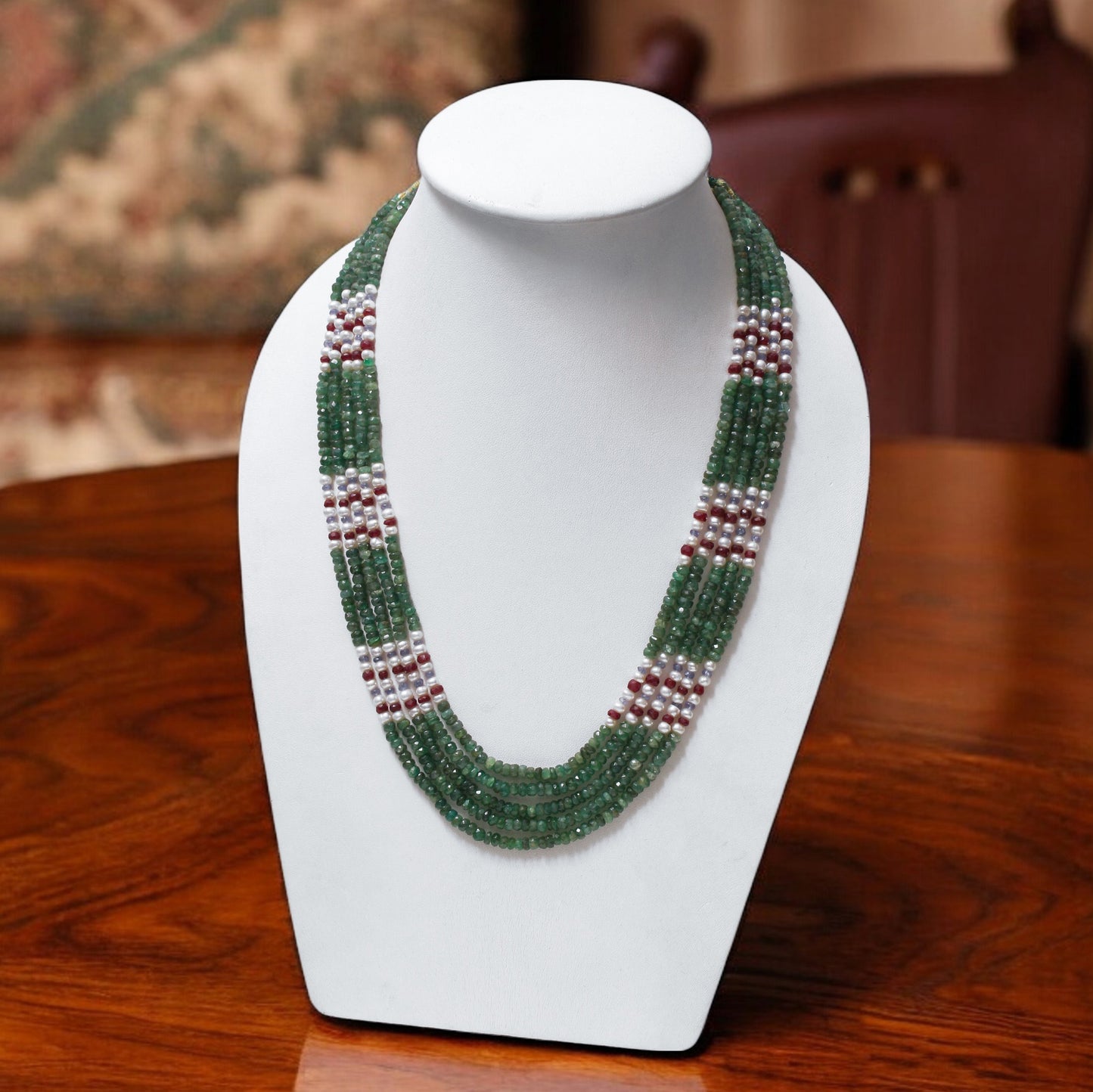Natural Emerald, Pearl, Ruby & Tanzanite 5-Layer Sarafa Necklace – Luxurious Multi-Gemstone Jewelry for Royal Elegance