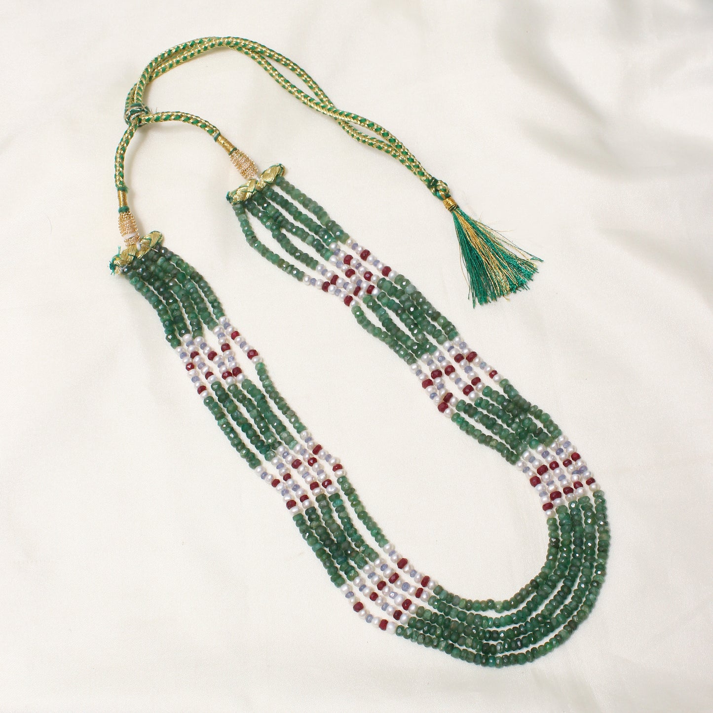 Natural Emerald, Pearl, Ruby & Tanzanite 5-Layer Sarafa Necklace – Luxurious Multi-Gemstone Jewelry for Royal Elegance