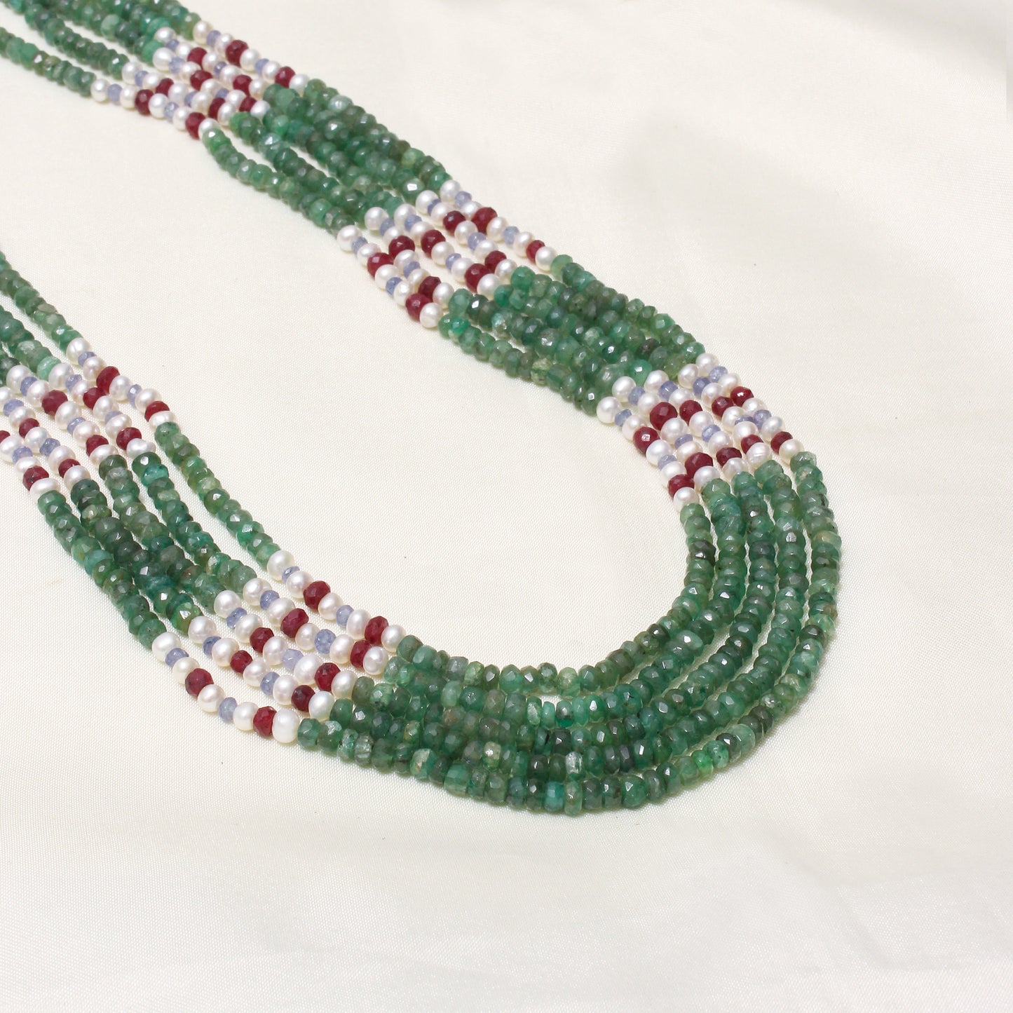 Natural Emerald, Pearl, Ruby & Tanzanite 5-Layer Sarafa Necklace – Luxurious Multi-Gemstone Jewelry for Royal Elegance