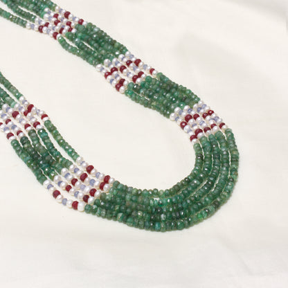 Natural Emerald, Pearl, Ruby & Tanzanite 5-Layer Sarafa Necklace – Luxurious Multi-Gemstone Jewelry for Royal Elegance