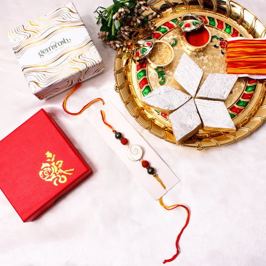 Shankh, Rudraksha & Pyrite Gemstone Rakhi – Spiritual Protection Rakhi for Peace & Prosperity