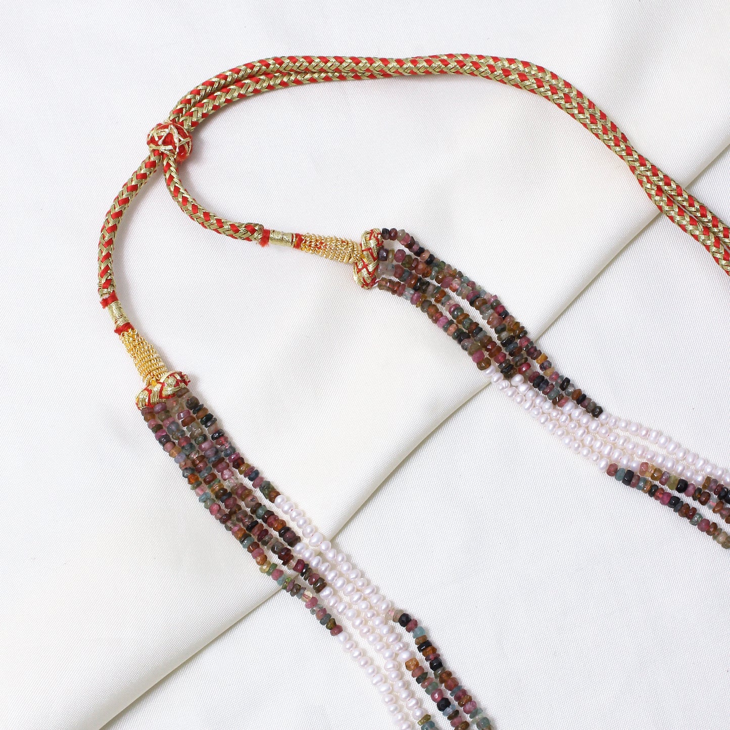 Natural Multi Tourmaline & Freshwater Pearl 4-Layer Beaded Sarafa Necklace | Luxury Handmade Healing Jewelry
