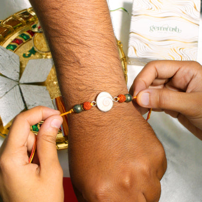 Shankh, Rudraksha & Pyrite Gemstone Rakhi – Spiritual Protection Rakhi for Peace & Prosperity