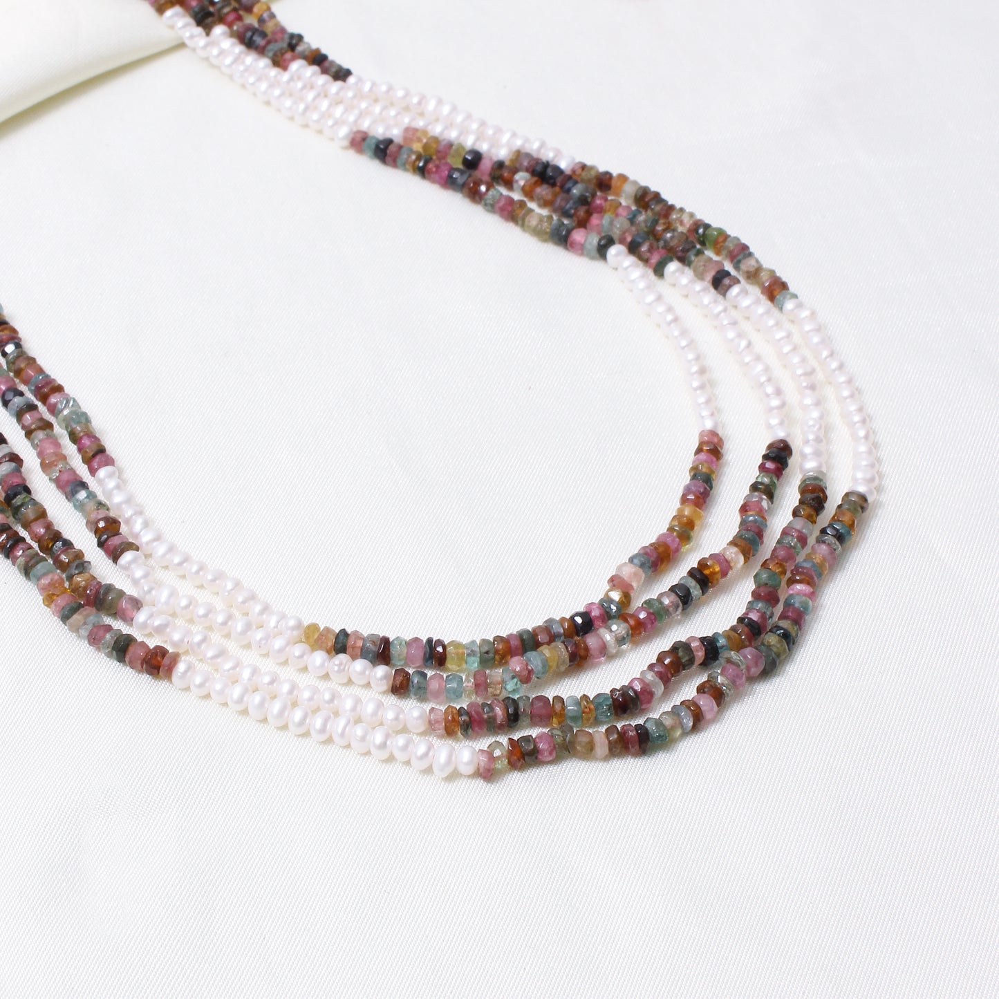 Natural Multi Tourmaline & Freshwater Pearl 4-Layer Beaded Sarafa Necklace | Luxury Handmade Healing Jewelry
