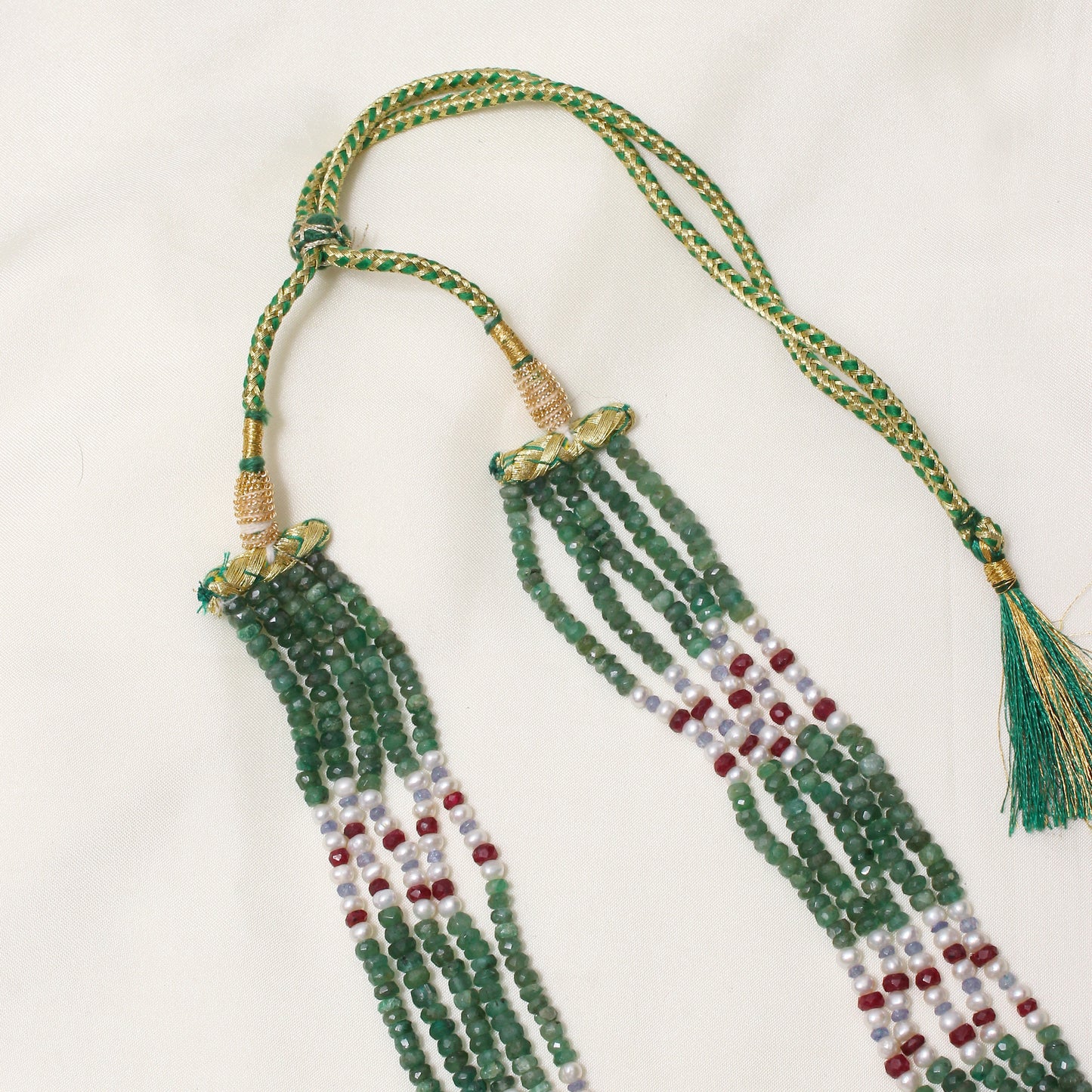 Natural Emerald, Pearl, Ruby & Tanzanite 5-Layer Sarafa Necklace – Luxurious Multi-Gemstone Jewelry for Royal Elegance