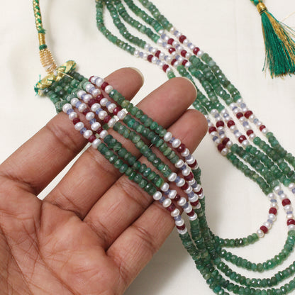 Natural Emerald, Pearl, Ruby & Tanzanite 5-Layer Sarafa Necklace – Luxurious Multi-Gemstone Jewelry for Royal Elegance