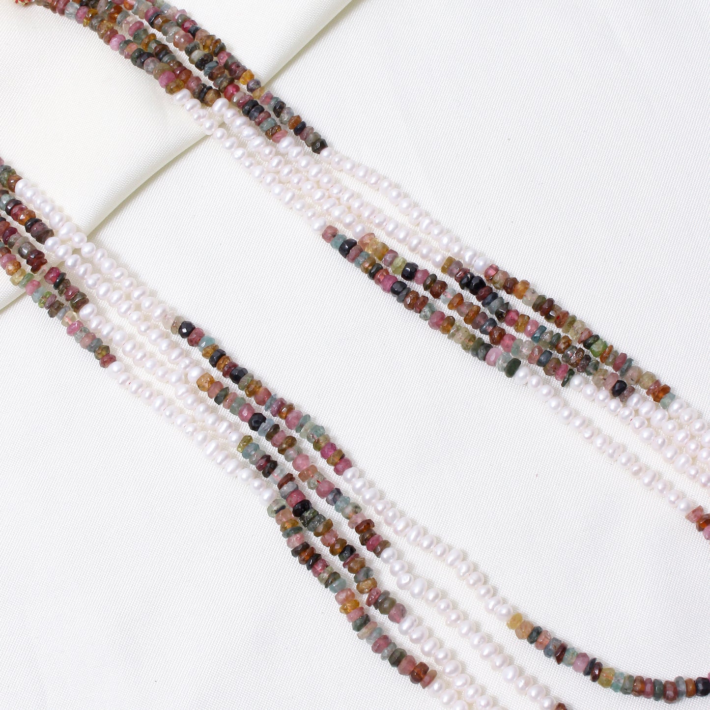 Natural Multi Tourmaline & Freshwater Pearl 4-Layer Beaded Sarafa Necklace | Luxury Handmade Healing Jewelry