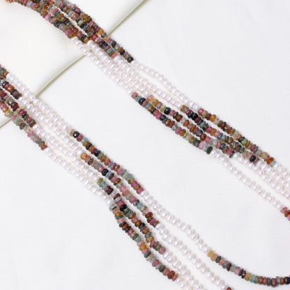 Natural Multi Tourmaline & Freshwater Pearl 4-Layer Beaded Sarafa Necklace | Luxury Handmade Healing Jewelry