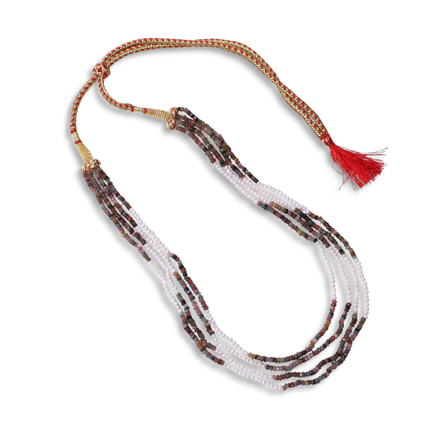Natural Multi Tourmaline & Freshwater Pearl 4-Layer Beaded Sarafa Necklace | Luxury Handmade Healing Jewelry