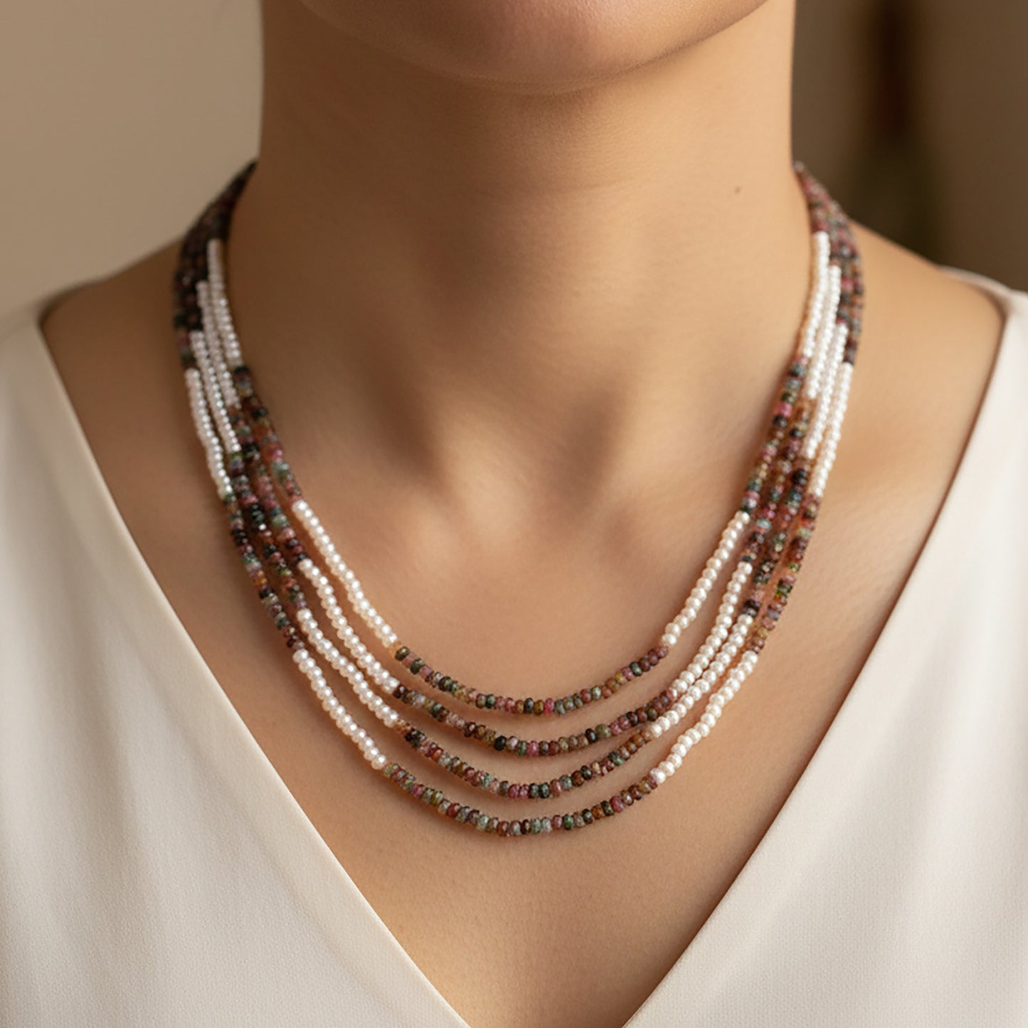 Natural Multi Tourmaline & Freshwater Pearl 4-Layer Beaded Sarafa Necklace | Luxury Handmade Healing Jewelry