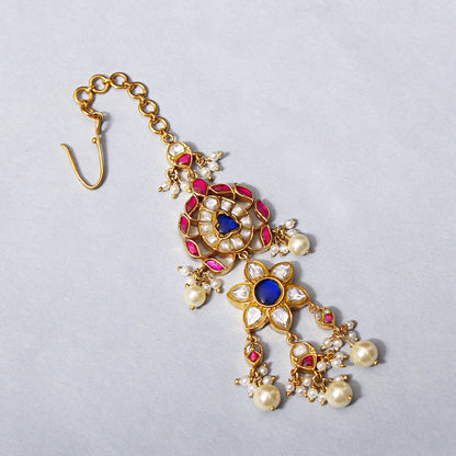 Exquisite Elegance: 925 Silver Maang Tikka with Simulated Sapphire, Diamond & Ruby