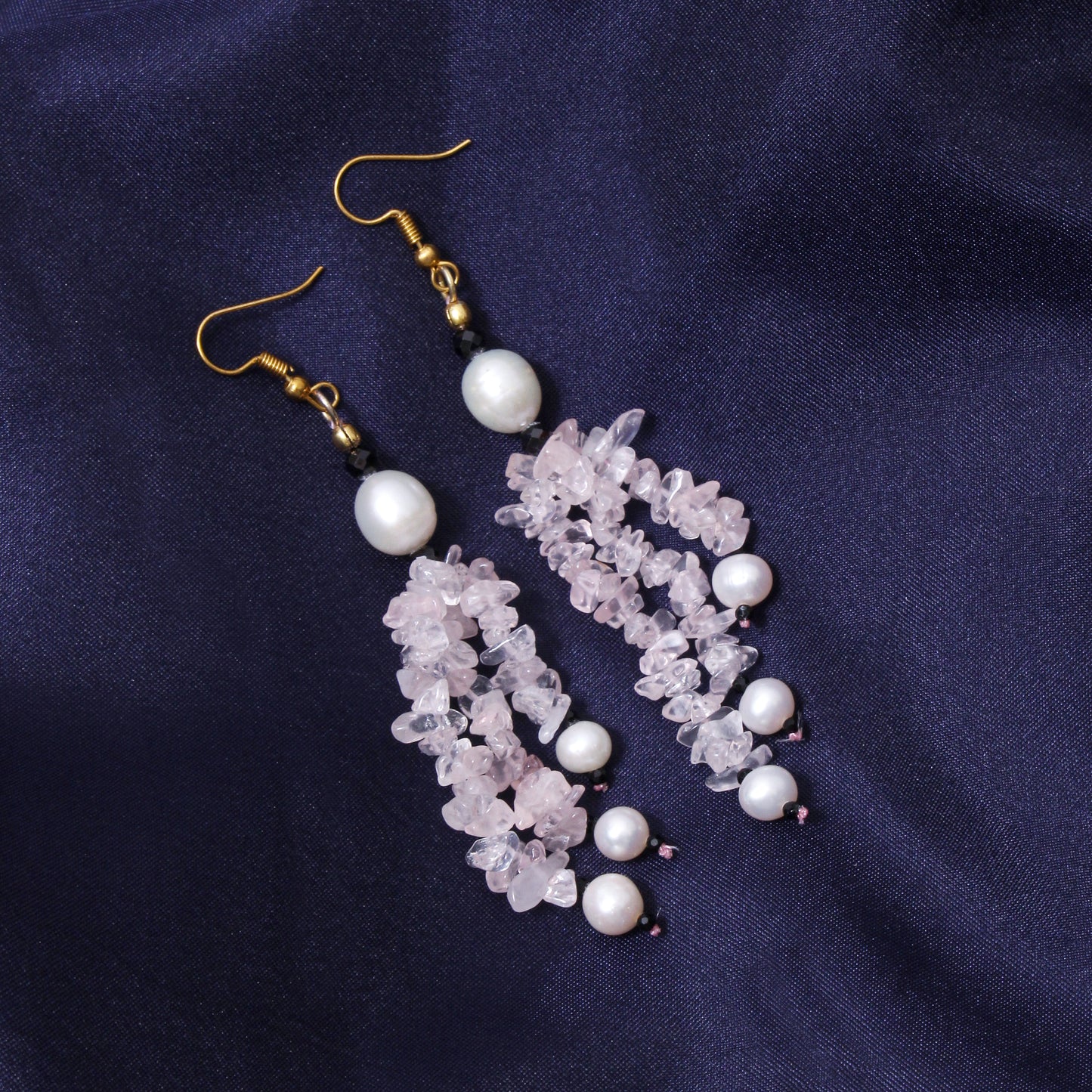 Handmade Rose Quartz Chip, Black Spinel & Pearl Dangle Earrings | Natural Crystal Healing Jewelry