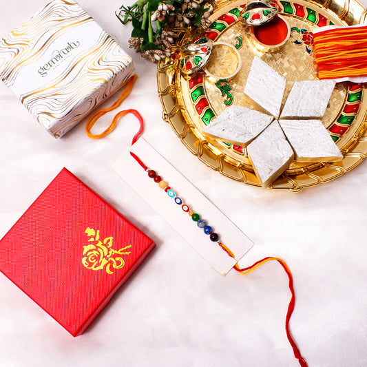 Multi-Gemstone Evil Eye Charm Rakhi – Protection & Positivity in Vibrant Style