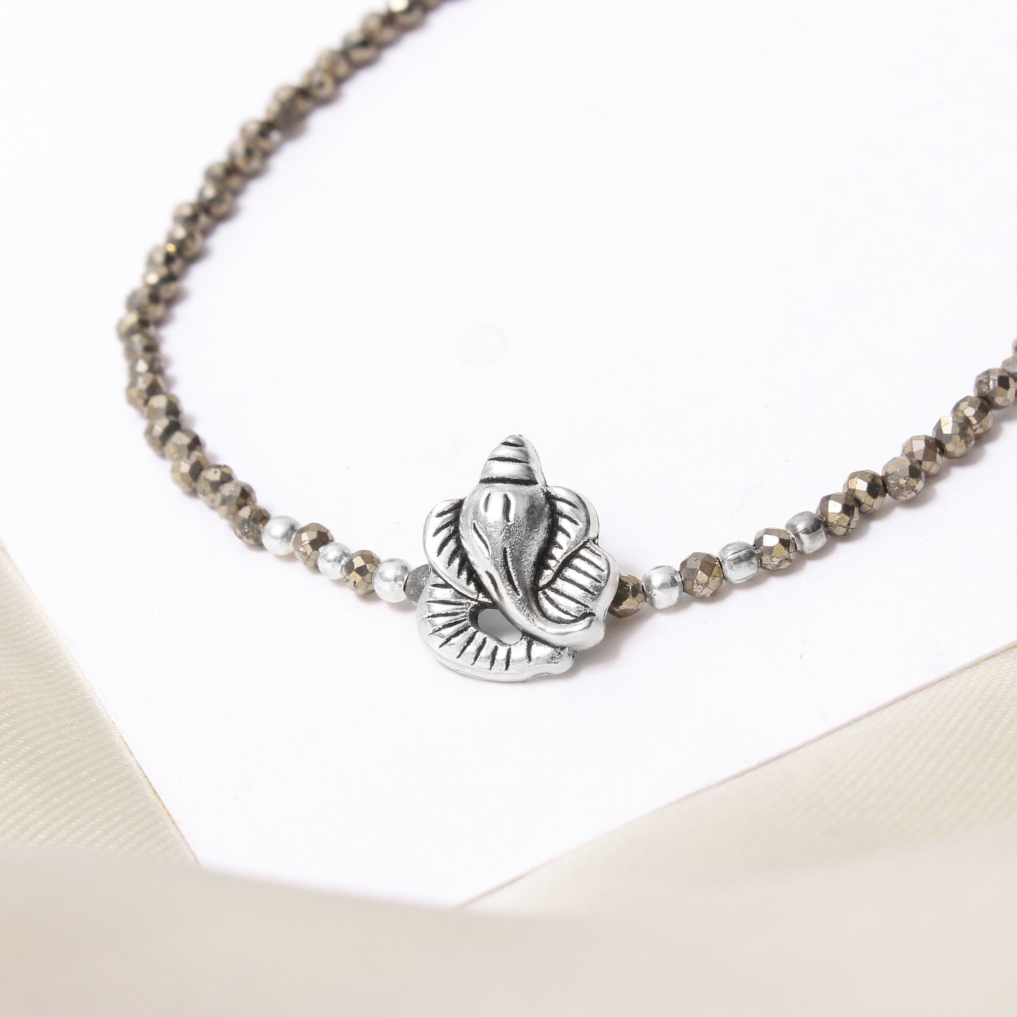 Natural Pyrite Faceted Bead Bracelet with Ganesha Charm – 925 Sterling Silver Prosperity & Protection Gemstone Bracelet