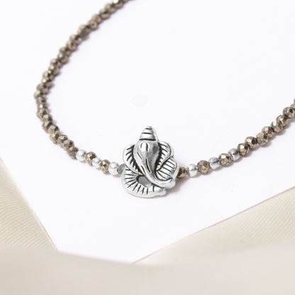 Natural Pyrite Faceted Bead Bracelet with Ganesha Charm – 925 Sterling Silver Prosperity & Protection Gemstone Bracelet