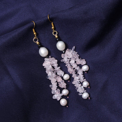 Handmade Rose Quartz Chip, Black Spinel & Pearl Dangle Earrings | Natural Crystal Healing Jewelry