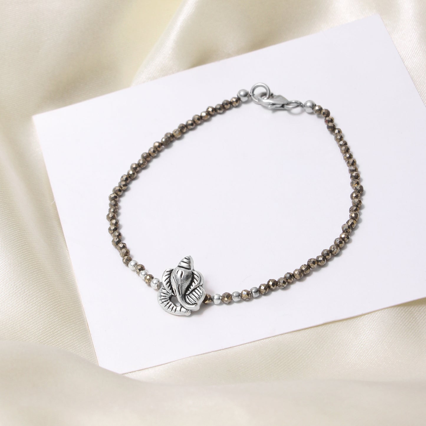 Natural Pyrite Faceted Bead Bracelet with Ganesha Charm – 925 Sterling Silver Prosperity & Protection Gemstone Bracelet